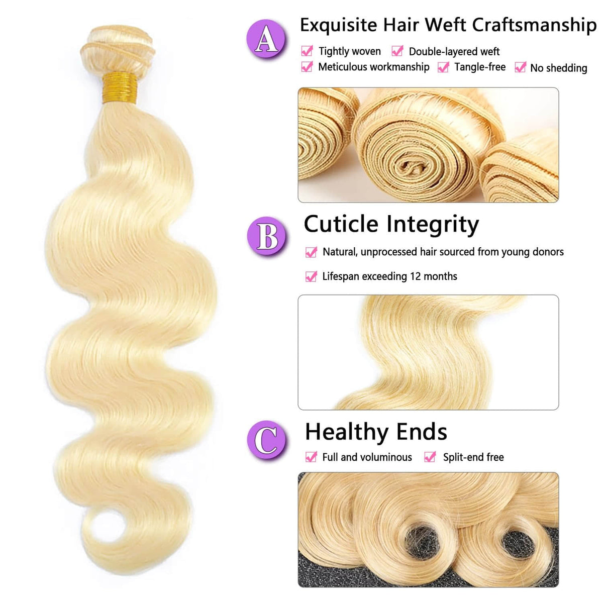 #613 Blonde Body Wave Remy Human Hair Bundles 10-30 Inch | Brazilian Virgin Hair