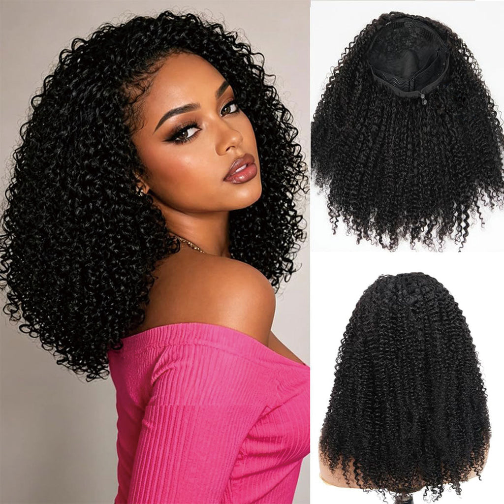 Kinky Curly Half Wig | 180% Density Glueless Clip-In Human Hair Wig | Natural Black