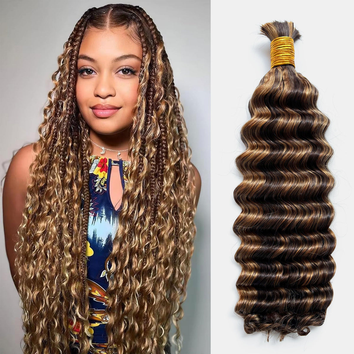 Deep Wave Bulk Hair for Braiding P4/27 Honey Brown | Brazilian Virgin Hair 14-20 Inch
