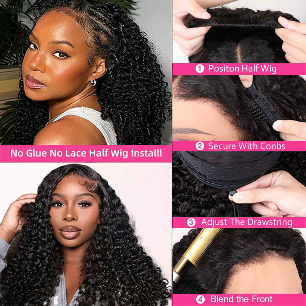 Burmese Curly Half Wig | 180% Density Glueless Clip-In Human Hair Wig | Natural Black