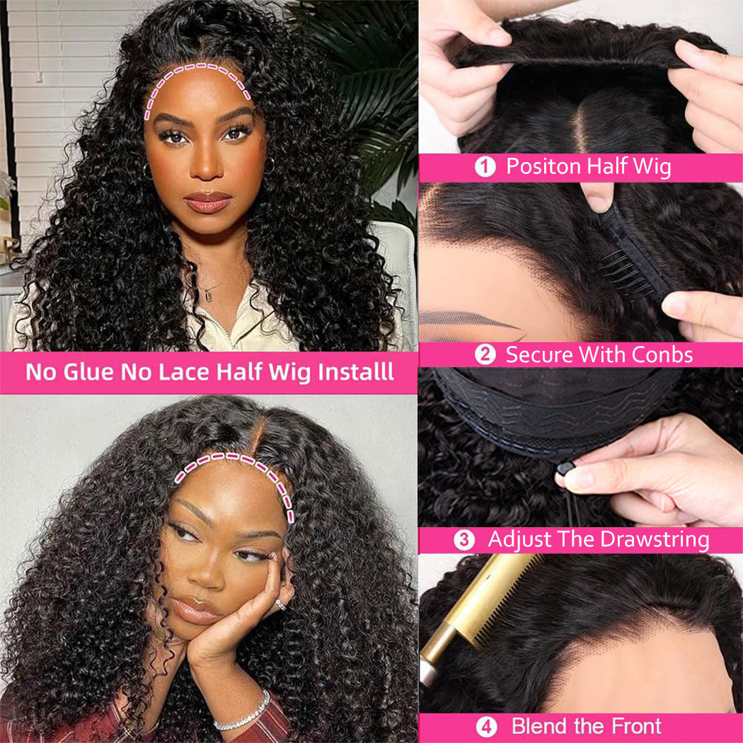 Kinky Curly Half Wig | 180% Density Glueless Clip-In Human Hair Wig | Natural Black