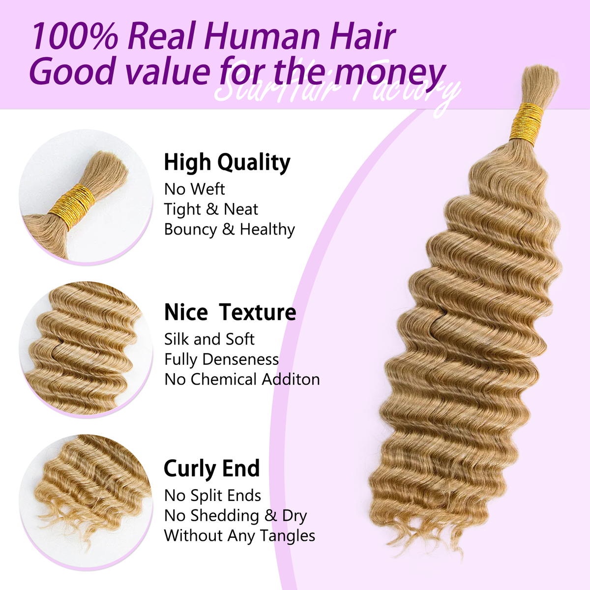 #27 Honey Blonde Deep Wave Bulk Hair for Braiding 14-20 Inch | Brazilian Virgin Hair