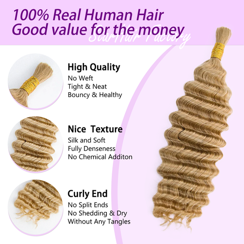 #27 Honey Blonde Deep Wave Bulk Hair for Braiding 14-20 Inch | Brazilian Virgin Hair
