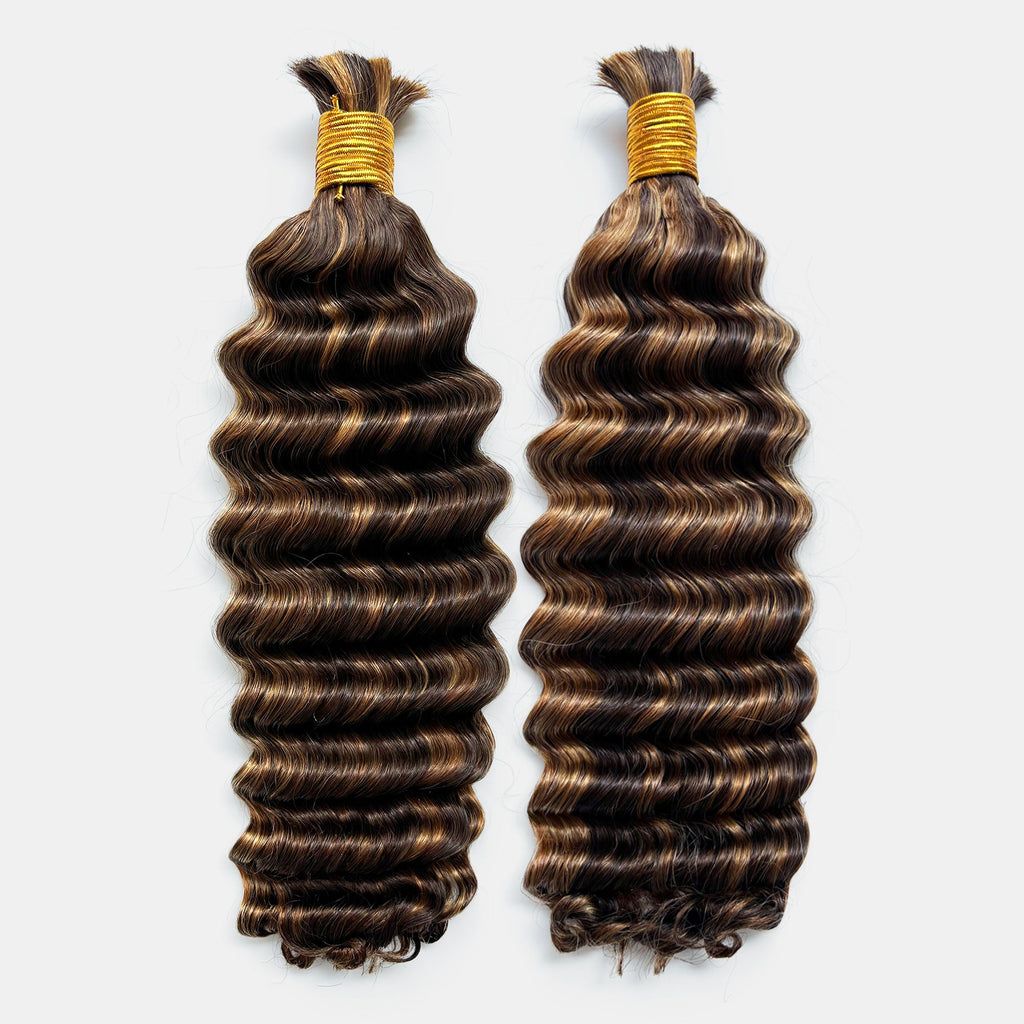 Deep Wave Bulk Hair for Braiding P4/27 Honey Brown | Brazilian Virgin Hair 14-20 Inch