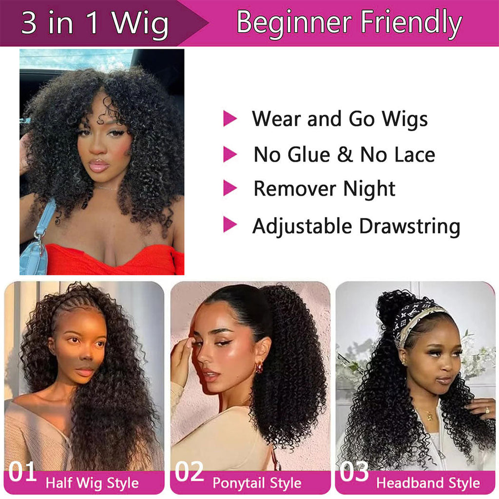 Kinky Curly Half Wig | 180% Density Glueless Clip-In Human Hair Wig | Natural Black
