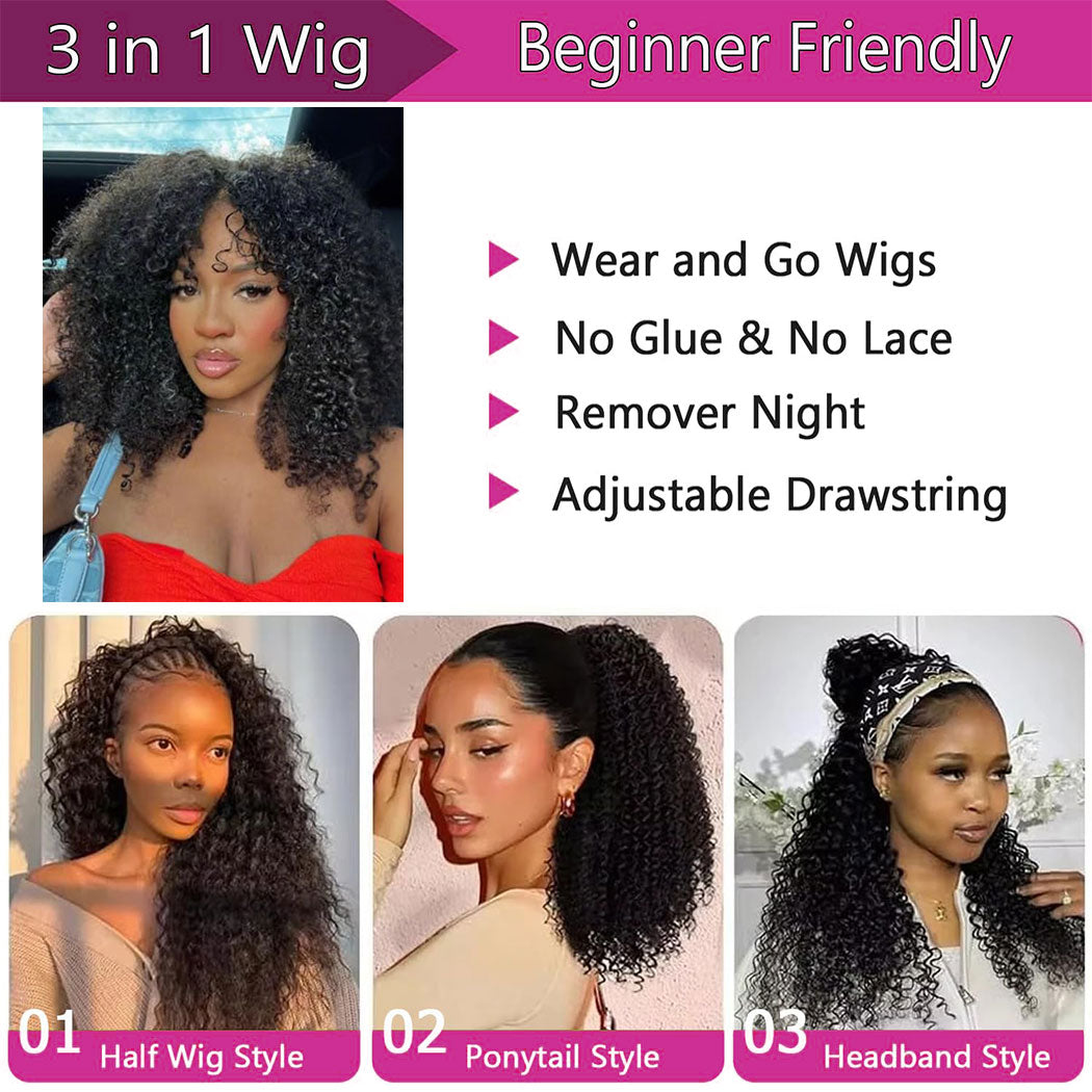 Kinky Curly Half Wig | 180% Density Glueless Clip-In Human Hair Wig | Natural Black