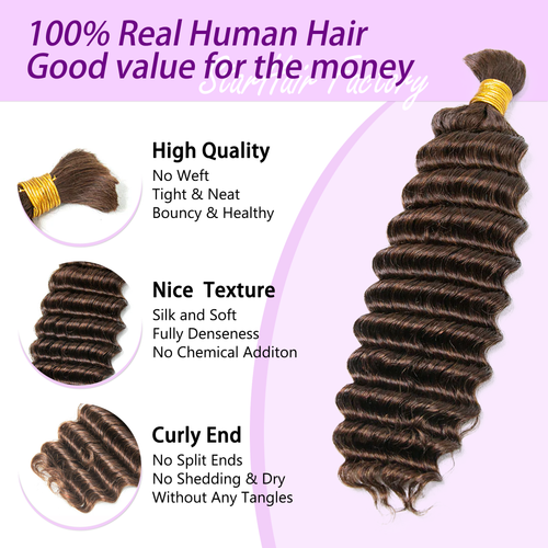 #4 Dark Brown Deep Wave Bulk Hair for Braiding | Brazilian Virgin Human Hair 14-20 Inch