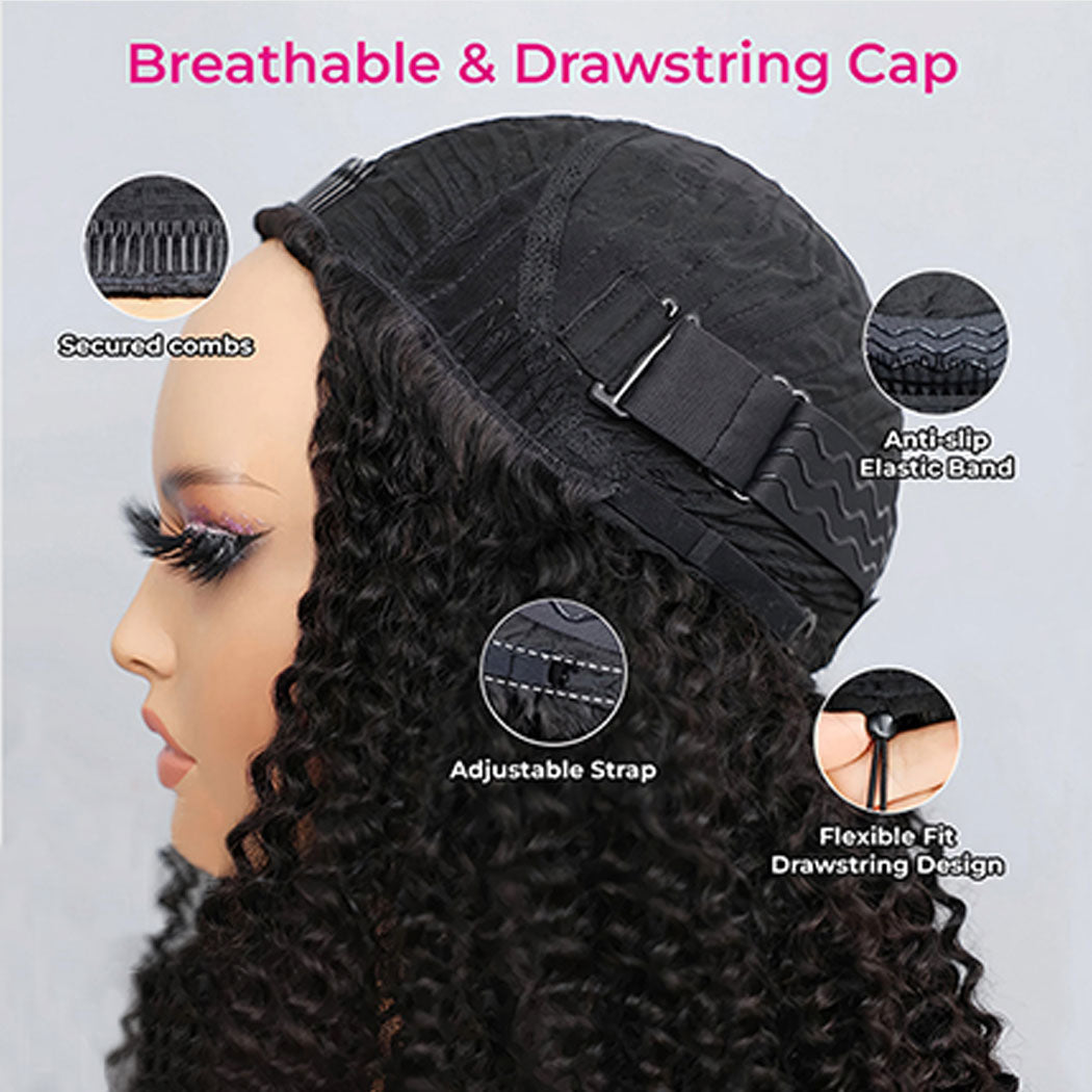 Kinky Curly Half Wig | 180% Density Glueless Clip-In Human Hair Wig | Natural Black