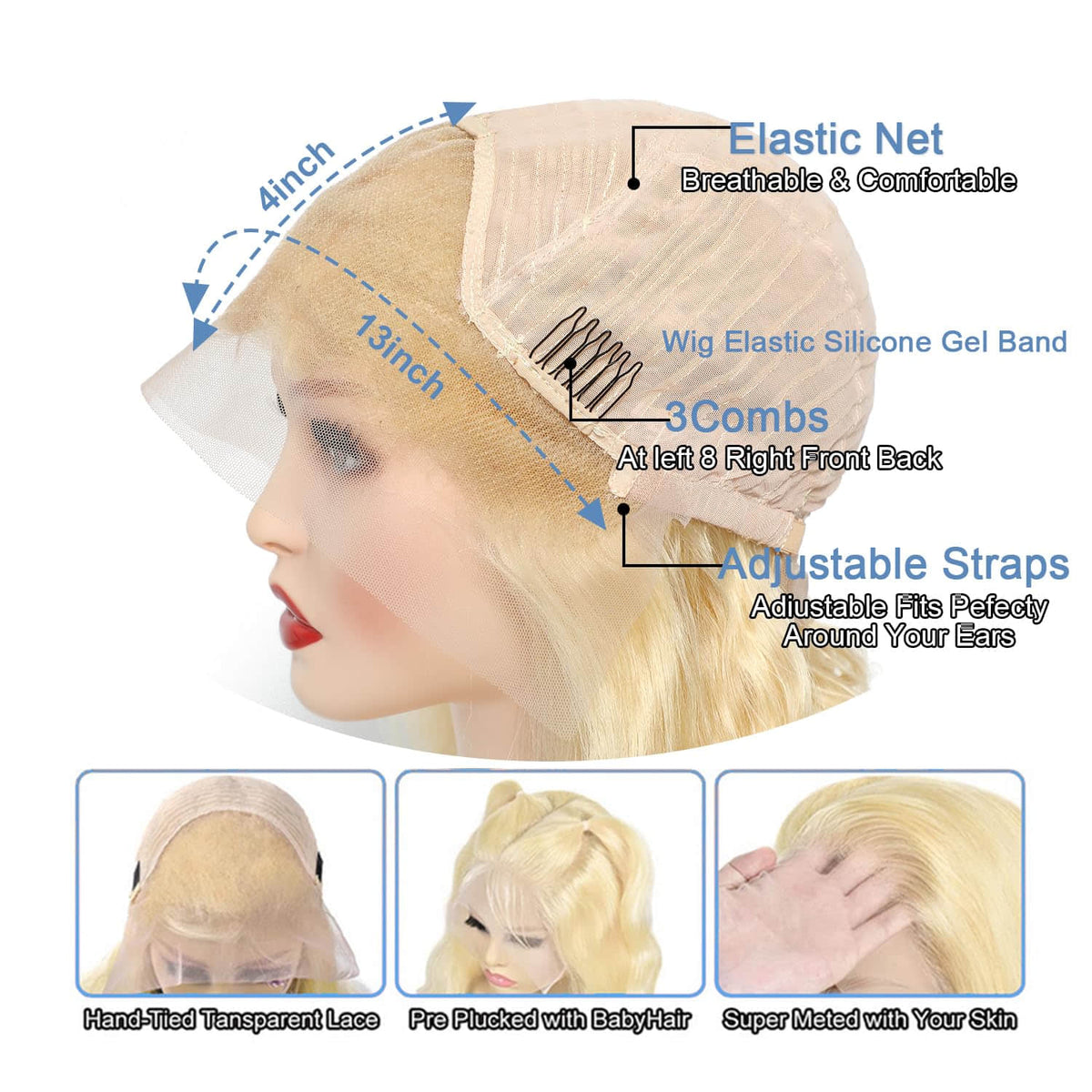 #613 Blonde 13"x4" Body Wave Transparent Lace Frontal Wig 16-30 Inch | 150% Density