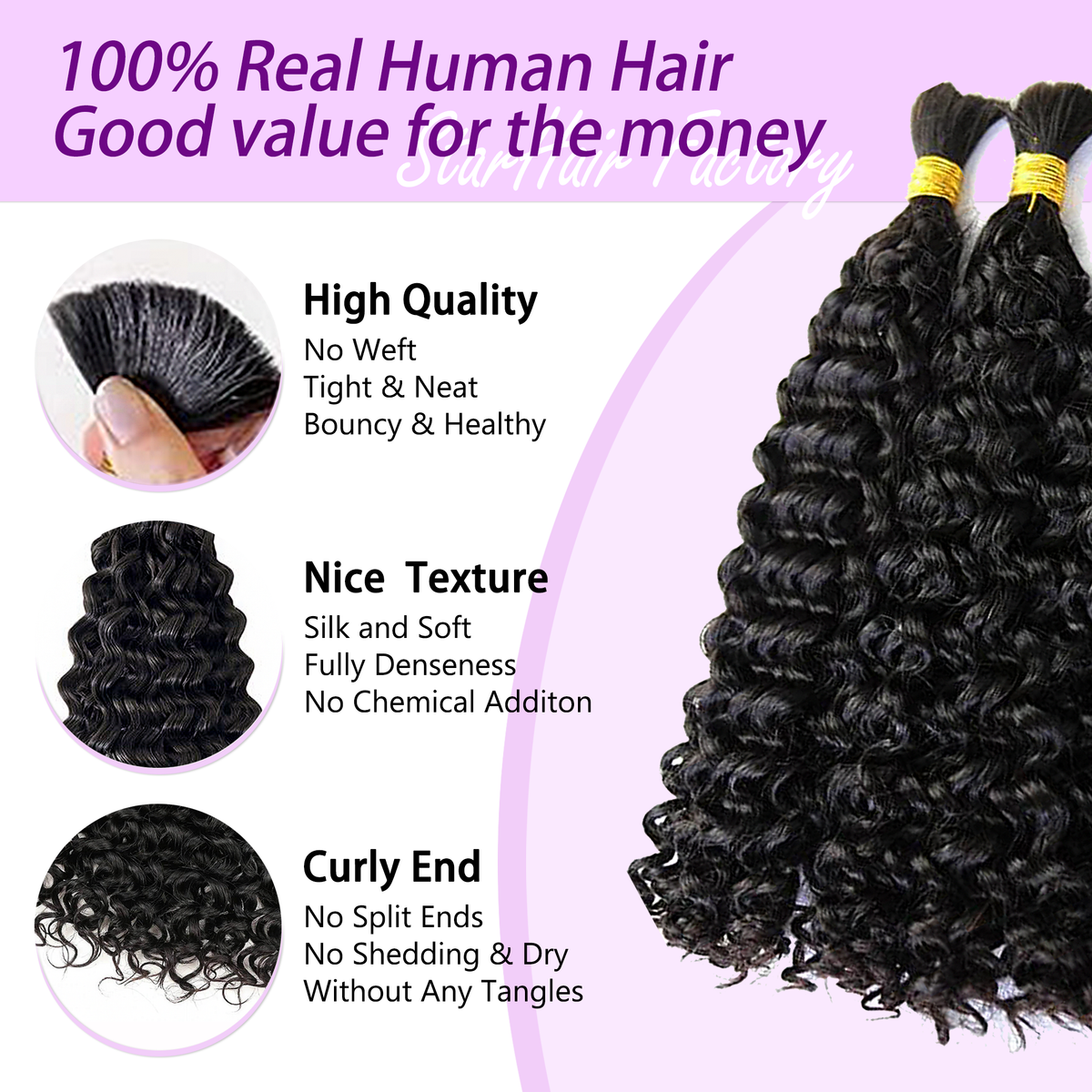 Water Wave Bulk Hair for Braiding 14-24 Inch | Natural Black #1B | Brazilian Virgin Hair