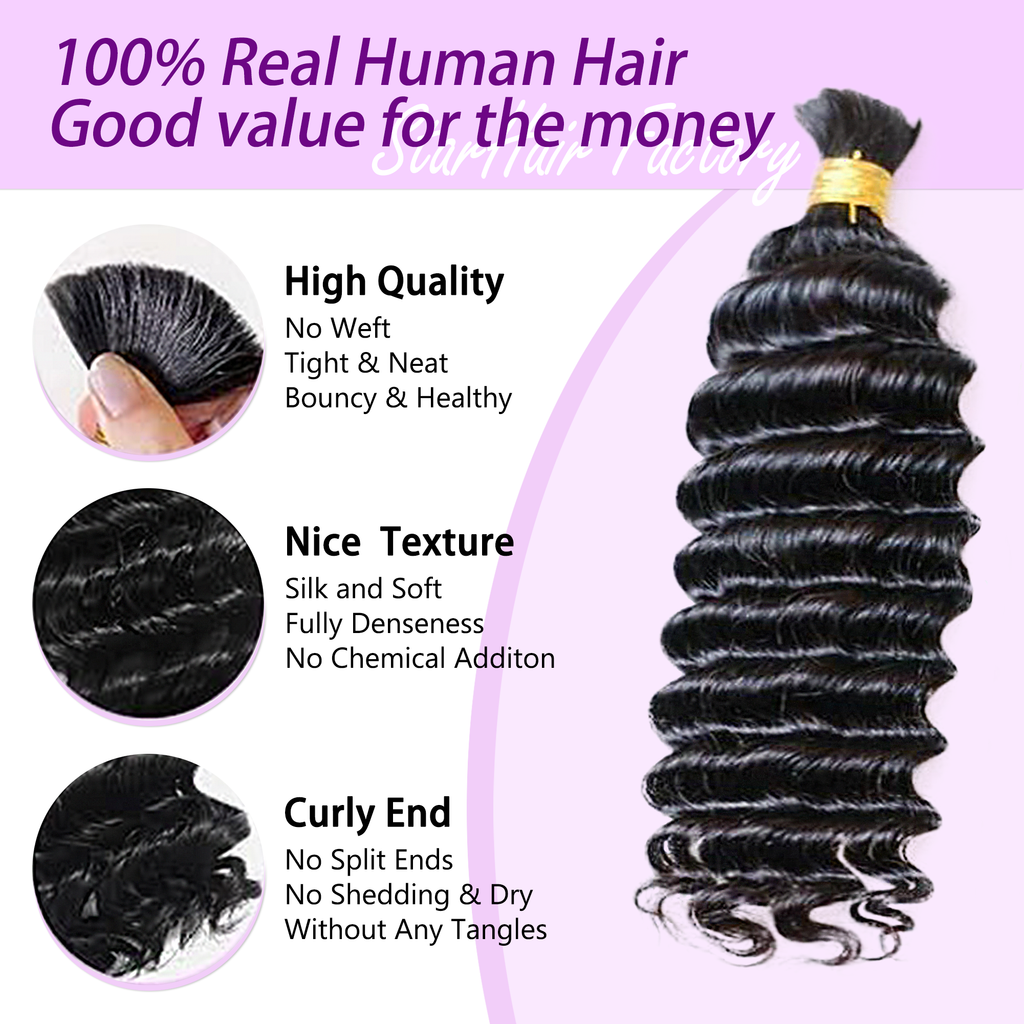 Deep Wave Bulk Hair for Braiding 14-24 Inch | Natural Black #1B | Brazilian Virgin Hair