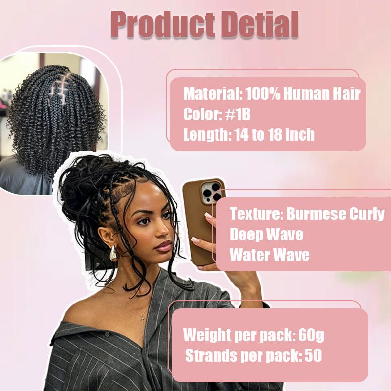 Burmese Curly Feather Crochet Human Hair Extensions | Miracle Knots Boho Braid | Natural Black